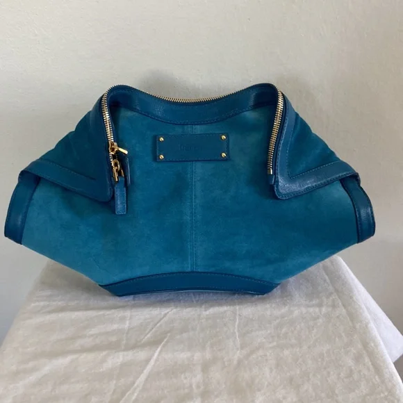 Alexander McQueen Petroleum Blue Suede De Manta Clutch - Picture 1 of 10